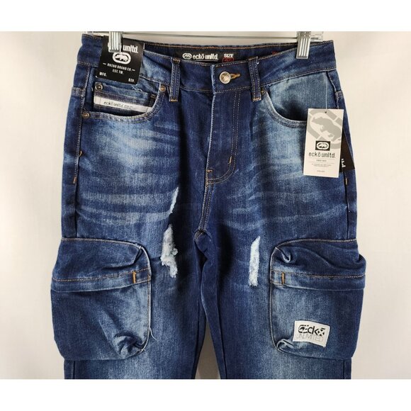 ECKO Unltd Jeans Mens 29 Blue Loose Cargo Distressed Denim (29x30) NWT - Picture 2 of 15